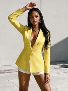 Eryvara 1 件女士纯色缺口翻领长袖工作办公室西装外套秋季女士西装外套套装女士西装外套女士西装外套 - 黃色 - 查看 1