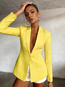 Eryvara 1 件女士纯色缺口翻领长袖工作办公室西装外套秋季女士西装外套套装女士西装外套女士西装外套 - 黃色 - 查看 3
