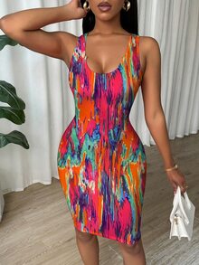 Eryvara 扎染褶皱修身无袖紧身连衣裙，适合新年服装 - 彩色 - 查看 6