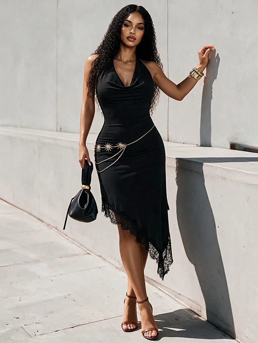 Eryvara Sexy Plunging Neck Asymmetrical Lace Hem Dress For Women Golf Pastal Summer - Black - View 1