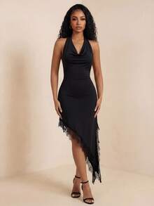 Eryvara Sexy Plunging Neck Asymmetrical Lace Hem Dress For Women Golf Pastal Summer - Black - View 7