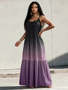 Eryvara 女士休闲度假沙滩旅行吊带圆领彩色扎染印花波西米亚风拼接A字荷叶边长裙，适合所有季节 - 紫色 - 查看 2
