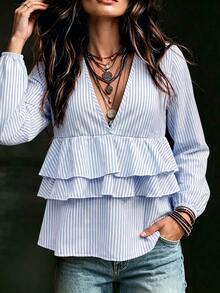 SHEIN Blue And White Stripe Print Ruffle Trim Blouse Brunch Vacation Autumn Casual - Blue - View 3