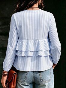 SHEIN Blue And White Stripe Print Ruffle Trim Blouse Brunch Vacation Autumn Casual - Blue - View 2