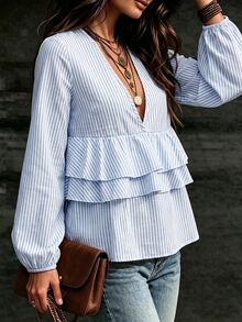 SHEIN Blue And White Stripe Print Ruffle Trim Blouse Brunch Vacation Autumn Casual - Blue - View 4