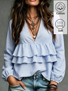 SHEIN Blue And White Stripe Print Ruffle Trim Blouse Brunch Vacation Autumn Casual - Blue - View 1