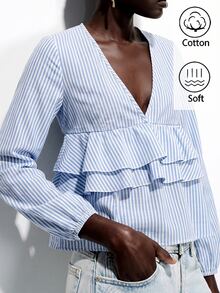 SHEIN Blue And White Stripe Print Ruffle Trim Blouse Brunch Vacation Autumn Casual - Blue - View 5