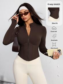 SHEIN Dewbera 1pc Women's Sports Jacket With Small Stand Collar, Segmented 3D Cut, Vertical Ribbed Waist Patchwork For Slim Waist, Thumb Hole Cuffs To Prevent Sleeve Slipping - Coffee Brown - View 1