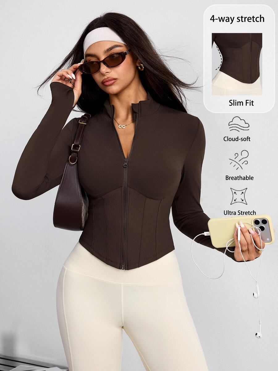 SHEIN Dewbera 1pc Women's Sports Jacket With Small Stand Collar, Segmented 3D Cut, Vertical Ribbed Waist Patchwork For Slim Waist, Thumb Hole Cuffs To Prevent Sleeve Slipping - Coffee Brown - View 1