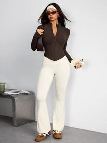 SHEIN Dewbera 1pc Women's Sports Jacket With Small Stand Collar, Segmented 3D Cut, Vertical Ribbed Waist Patchwork For Slim Waist, Thumb Hole Cuffs To Prevent Sleeve Slipping - Coffee Brown - View 5