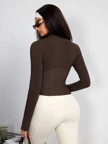 SHEIN Dewbera 1pc Women's Sports Jacket With Small Stand Collar, Segmented 3D Cut, Vertical Ribbed Waist Patchwork For Slim Waist, Thumb Hole Cuffs To Prevent Sleeve Slipping - Coffee Brown - View 2