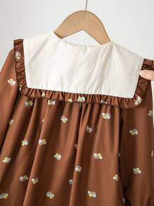 Emery Rose Kids Emery Rose Kids 少女棕色拼接彼得潘領法式長袖洋裝 - 棕色 - 查看 8