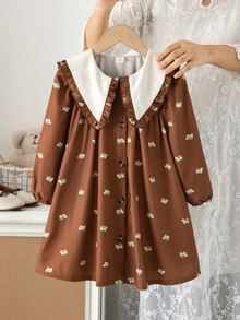 Emery Rose Kids Emery Rose Kids 少女棕色拼接彼得潘領法式長袖洋裝 - 棕色 - 查看 5