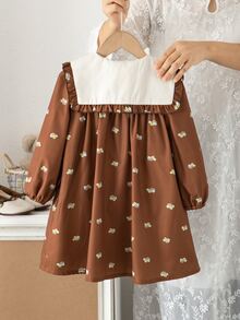 Emery Rose Kids Emery Rose Kids 少女棕色拼接彼得潘領法式長袖洋裝 - 棕色 - 查看 6