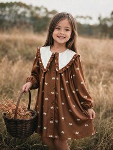 Emery Rose Kids Emery Rose Kids 少女棕色拼接彼得潘領法式長袖洋裝 - 棕色 - 查看 4