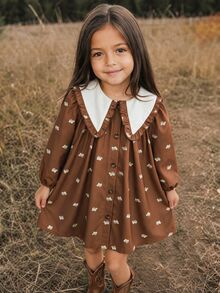 Emery Rose Kids Emery Rose Kids 少女棕色拼接彼得潘領法式長袖洋裝 - 棕色 - 查看 2