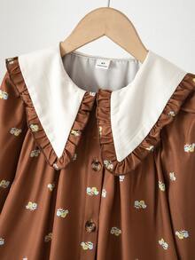 Emery Rose Kids Emery Rose Kids 少女棕色拼接彼得潘領法式長袖洋裝 - 棕色 - 查看 7