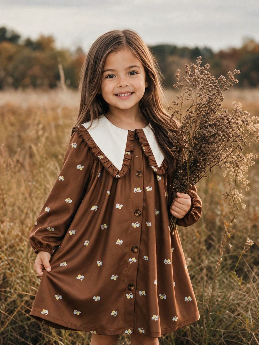 Emery Rose Kids Emery Rose Kids 少女棕色拼接彼得潘領法式長袖洋裝 - 棕色 - 查看 1