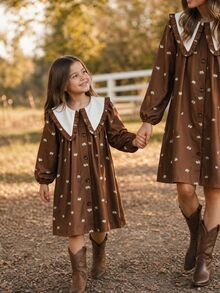 Emery Rose Kids Emery Rose Kids 少女棕色拼接彼得潘領法式長袖洋裝 - 棕色 - 查看 3
