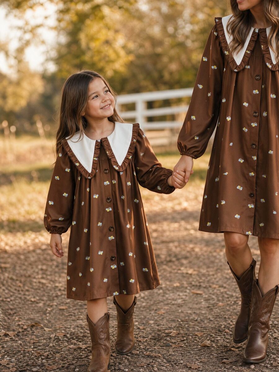 Emery Rose Kids Emery Rose Kids 兒童小女孩棕色拼接彼得潘領法式長袖洋裝 - 棕色 - 查看 1