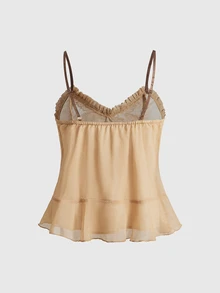 ROMWE Avant Sexy Palace Romantic Vacation Sheer Mesh Lace Cami Top For Women - Khaki - View 2