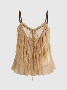 ROMWE Avant Sexy Palace Romantic Vacation Sheer Mesh Lace Cami Top For Women - Khaki - View 1