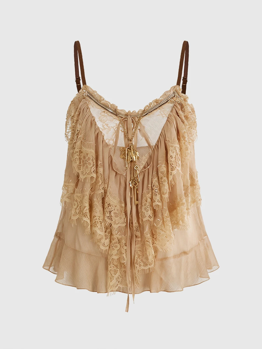 ROMWE Avant Sexy Palace Romantic Vacation Sheer Mesh Lace Cami Top For Women - Khaki - View 1