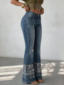 SHEIN SXY Women's Ultra Low Waist Rhinestone Embellished Flare Jeans - Blue - View 6