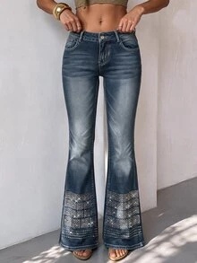 SHEIN SXY Women's Ultra Low Waist Rhinestone Embellished Flare Jeans - Blue - View 7