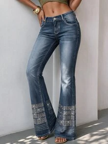 SHEIN SXY Women's Ultra Low Waist Rhinestone Embellished Flare Jeans - Blue - View 5