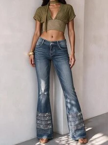 SHEIN SXY Women's Ultra Low Waist Rhinestone Embellished Flare Jeans - Blue - View 3