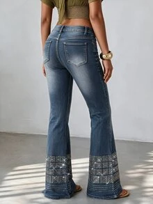 SHEIN SXY Women's Ultra Low Waist Rhinestone Embellished Flare Jeans - Blue - View 2
