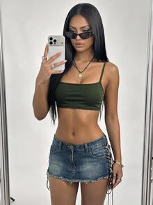 SHEIN ICON 素色露背吊帶上衣 - 軍綠色 - 查看 1