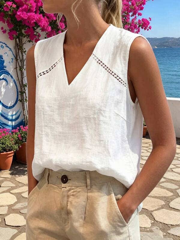 Louniche White Sleeveless V-Neck Linen-Cotton Shirt, Hollow Lace Splicing, Pastoral Resort Style, Summer Top