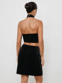 Maija Women's Halter Neck Slim Fit Velvet Party Short Dress - Black - View 6