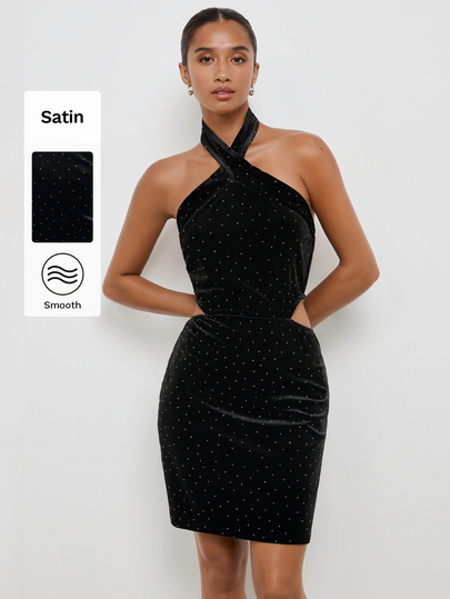 Maija Women's Halter Neck Slim Fit Velvet Party Short Dress