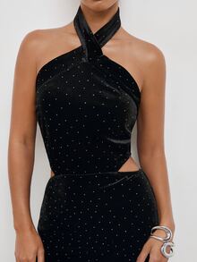 Maija Women's Halter Neck Slim Fit Velvet Party Short Dress - Black - View 5