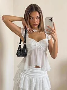 SHEIN ICON Women's Sheer Mesh Twist Front Ruched Wavy Hem Camisole Tank Top, Casual Summer Romantic Style - White - View 1