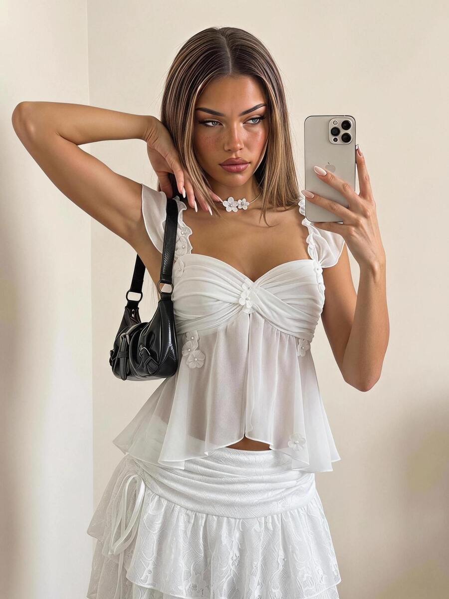 SHEIN ICON Women's Sheer Mesh Twist Front Ruched Wavy Hem Camisole Tank Top, Casual Summer Romantic Style - White - View 1