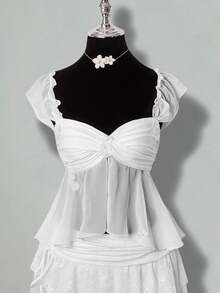 SHEIN ICON Women's Sheer Mesh Twist Front Ruched Wavy Hem Camisole Tank Top, Casual Summer Romantic Style - White - View 3