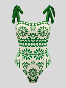SHEIN Swim 26SS 春夏度假沙滩波西米亚风绿色碎花连体泳衣及半裙套装 - 彩色 - 查看 7