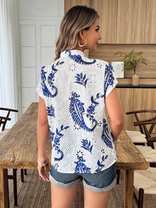 Yunfilé 女士标准尺码纹理面料纯色印花休闲度假衬衫，春夏款 - 藍白色 - 查看 2