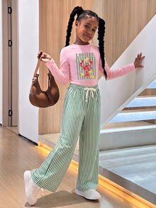 SHEIN 兒童青少年女孩秋冬休閒兩件套，圓領長袖龍蝦與檸檬印花修身上衣搭配條紋印花長褲，日常穿著 - 粉色 - 查看 6