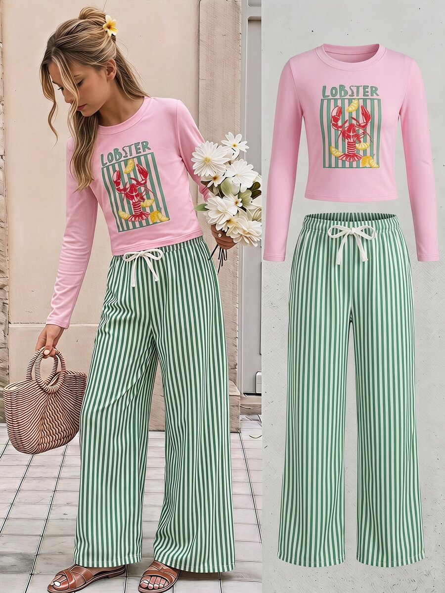 SHEIN 兒童青少年女孩秋冬休閒兩件套,圓領長袖龍蝦與檸檬印花修身上衣搭配條紋印花長褲,日常穿著 - 粉色 - 查看 1