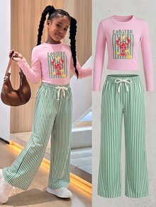 SHEIN 兒童青少年女孩秋冬休閒兩件套，圓領長袖龍蝦與檸檬印花修身上衣搭配條紋印花長褲，日常穿著 - 粉色 - 查看 4