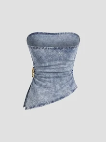 Sweetra Women's Side Slit Hem Fitted Denim Tube Top - Blue - View 3