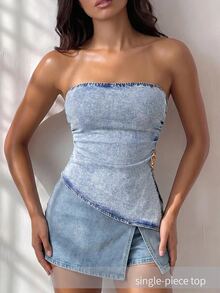 Sweetra Women's Side Slit Hem Fitted Denim Tube Top - Blue - View 9