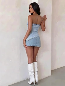 Sweetra Women's Side Slit Hem Fitted Denim Tube Top - Blue - View 10