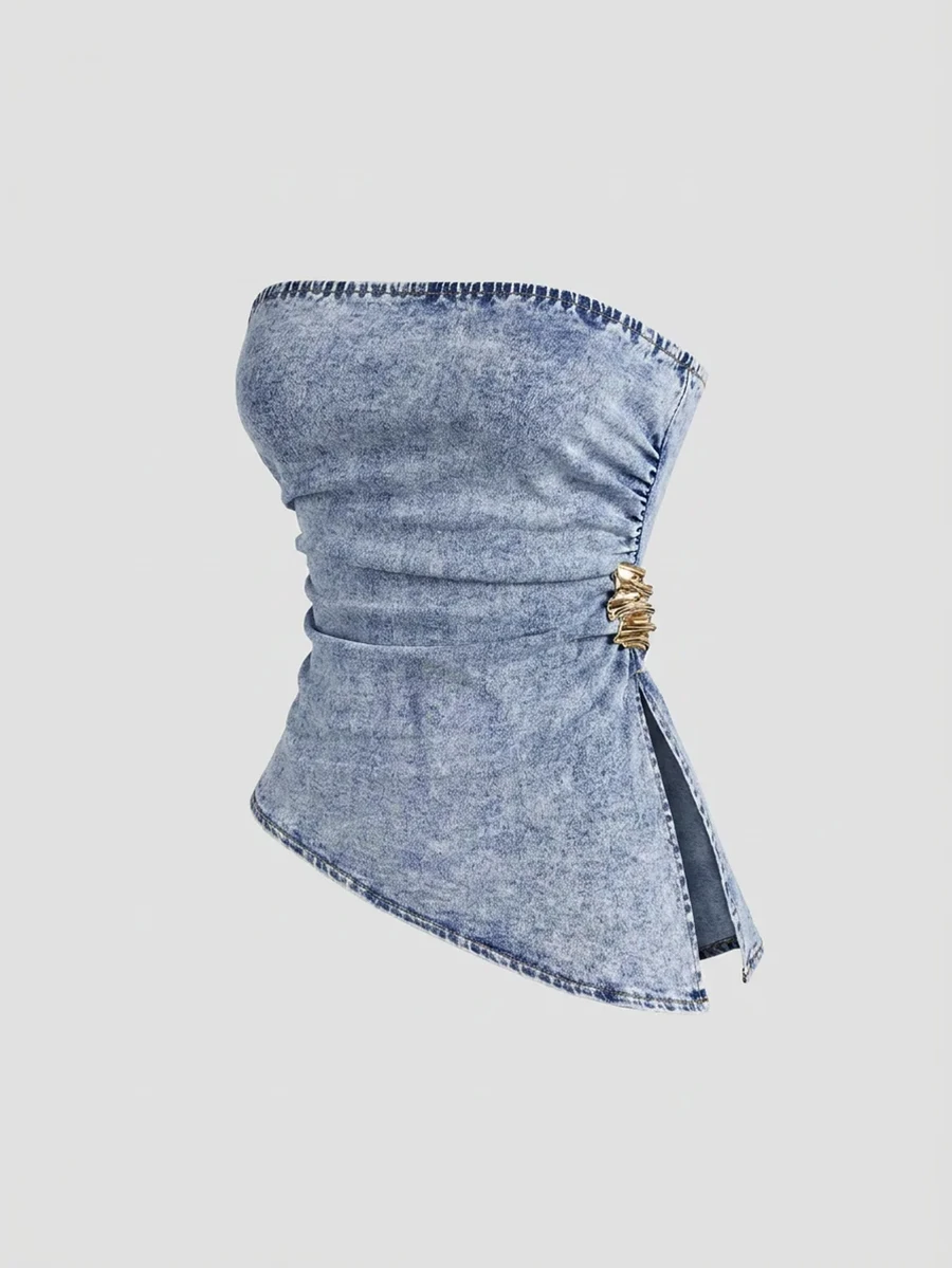 Sweetra Women's Side Slit Hem Fitted Denim Tube Top - Blue - View 1