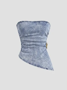 Sweetra Women's Side Slit Hem Fitted Denim Tube Top - Blue - View 2